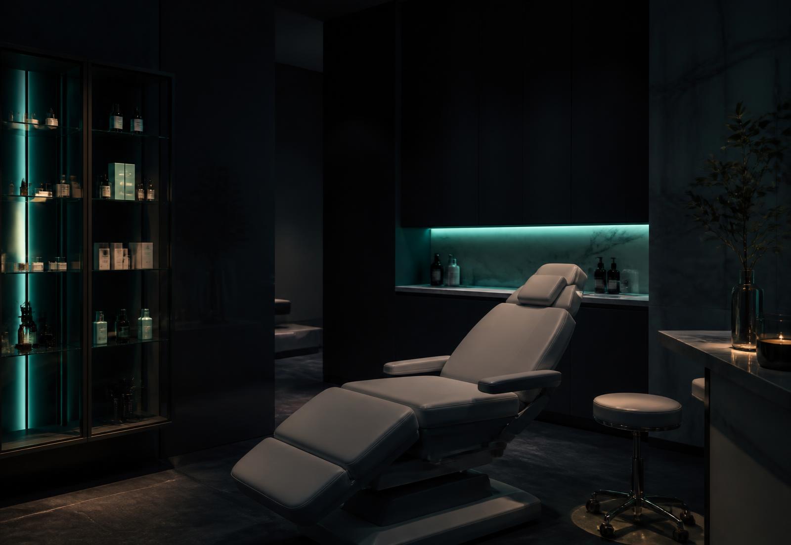 Modern medspa treatment room lit with soft accent lighting